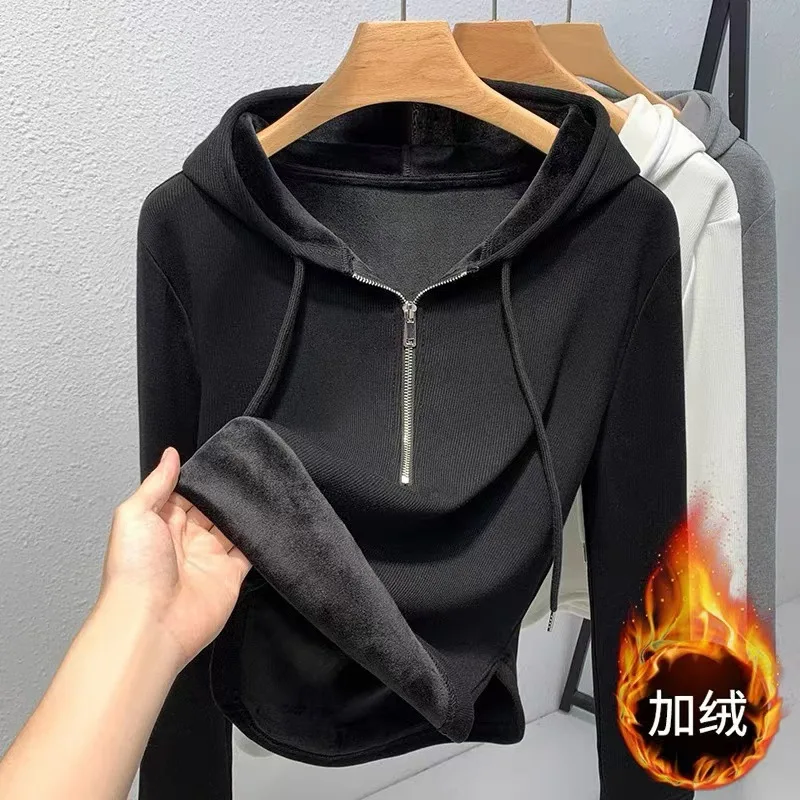 Black Half-zipper Hooded Sweater Women's Spring 2025 New Inner Hooded Bottoming Shirt Casual Waist Top