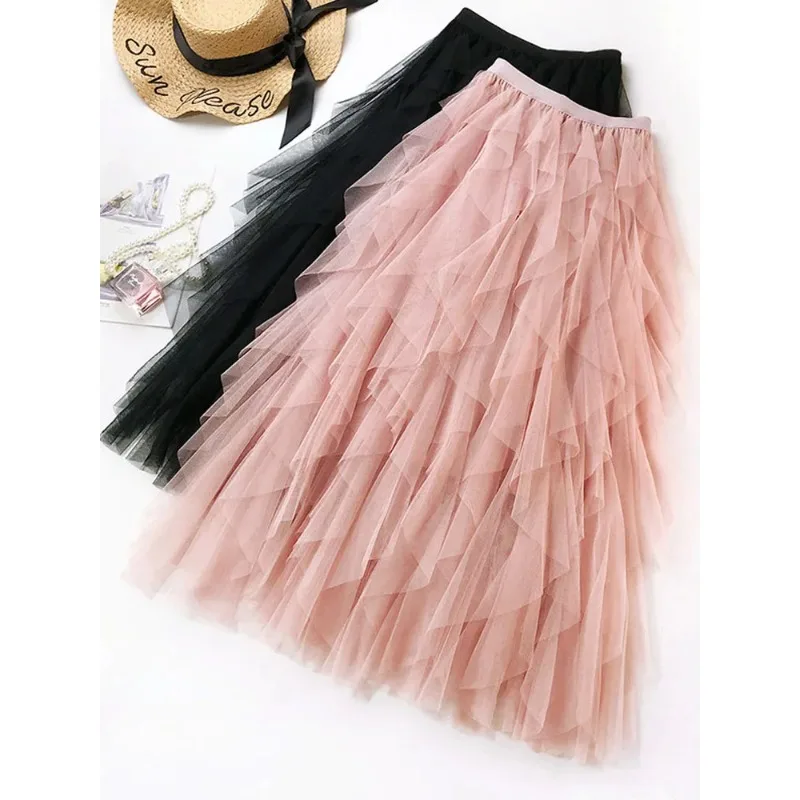 

Gauze skirt women's high-waisted A-word irregular medium and long pleated fringed sand skirt