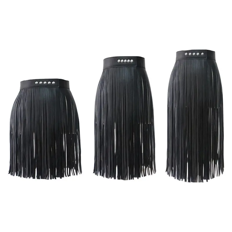 

Womens High Waist Faux Leather Fringe Tassels Skirt for BODY HARNESS with Buttons Halloween Party Punk Rock Costume Dress