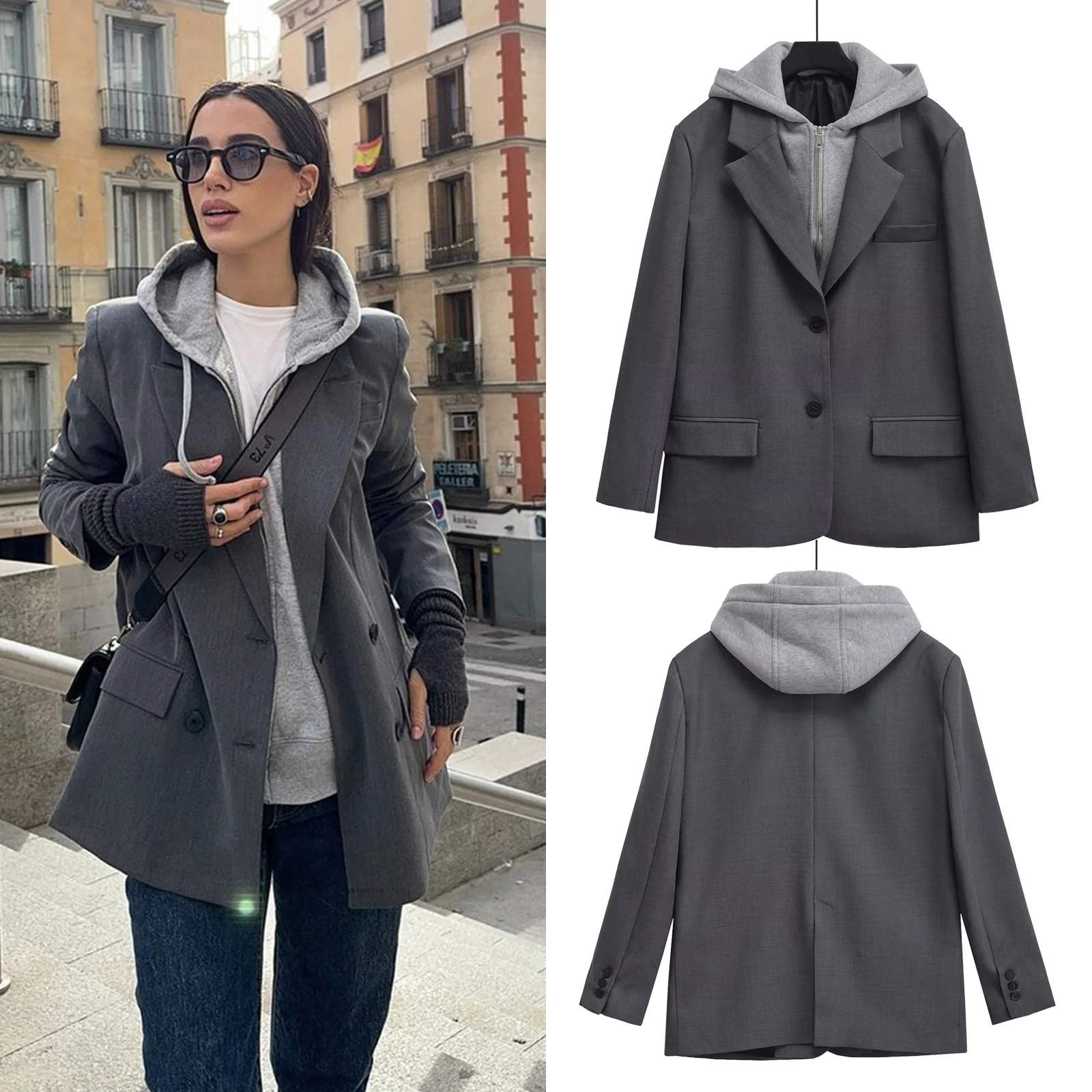 Taop&Za Women's 2024 Autumn/Winter New Hooded Suit Jacket Splicing Double Zipper Button Commuter Short Jacket