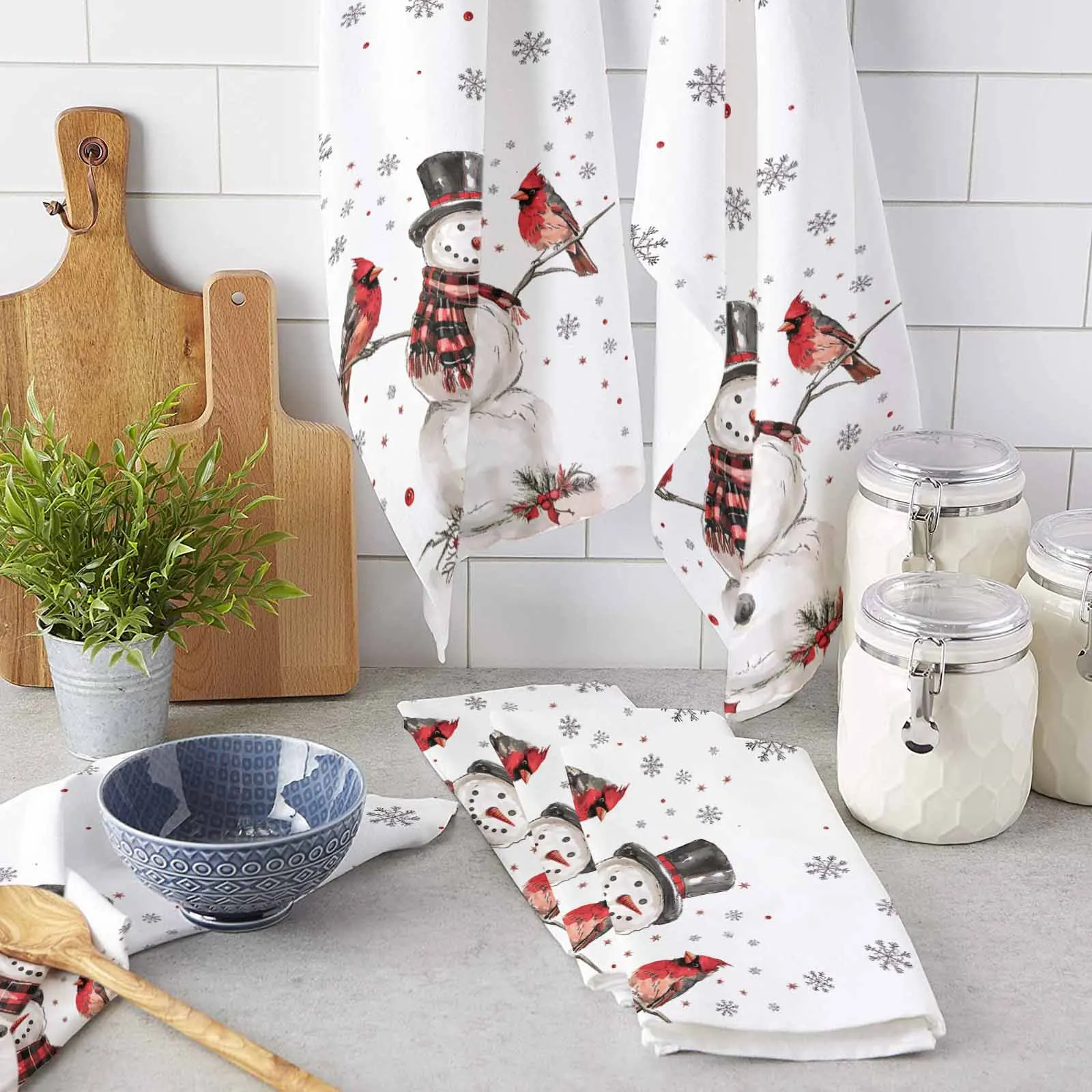 Christmas Snowman Checkered Scarf Cardinals Printed Tea Hand Towel Kitchen Dishcloth Water Absorption Household Cleaning Cloth