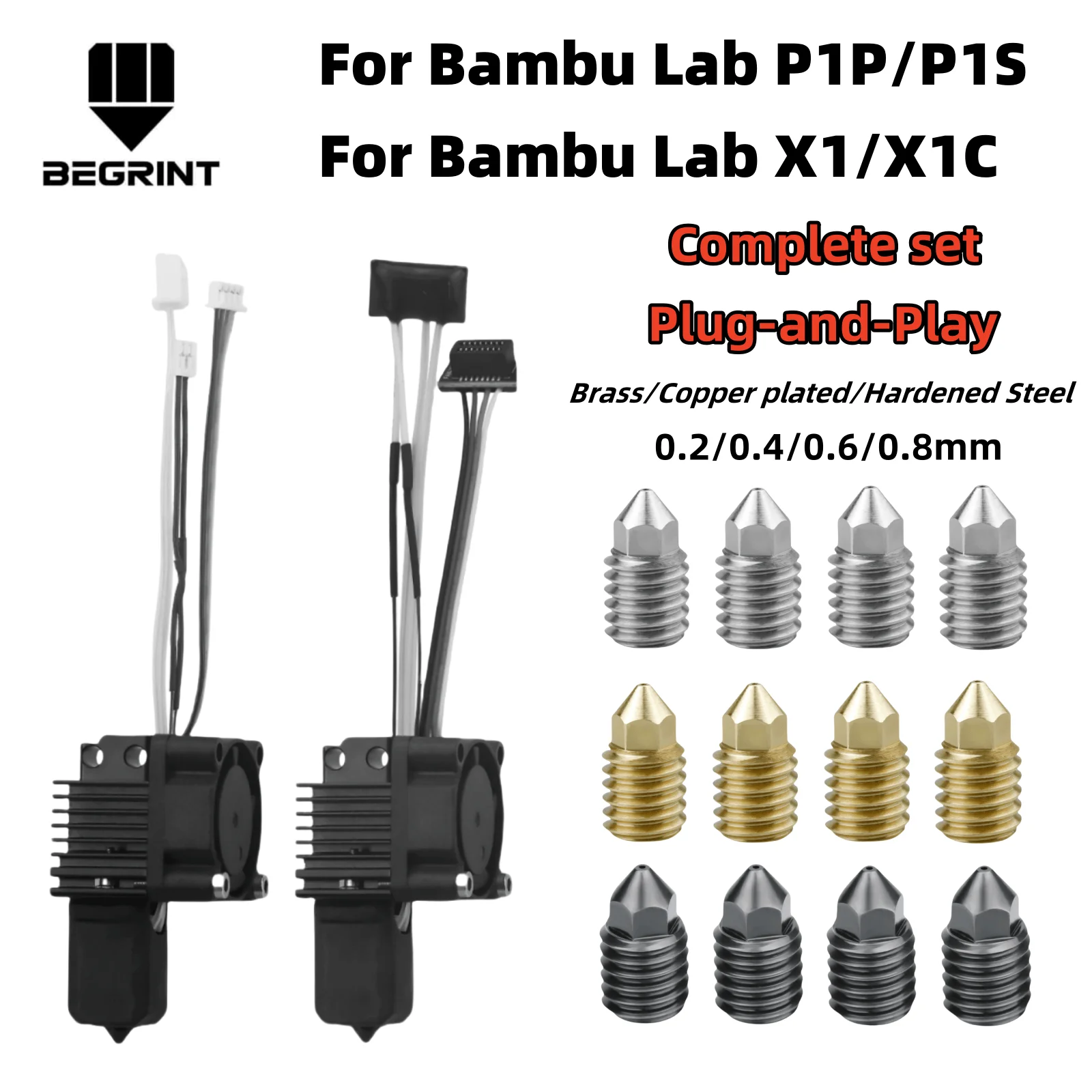 For Bambu Lab X1C P1P P1S Complete Hotend Print Head with Fan Thermistor Ceramic Heater 0.4mm Hardened steel nozzle For Bambulab
