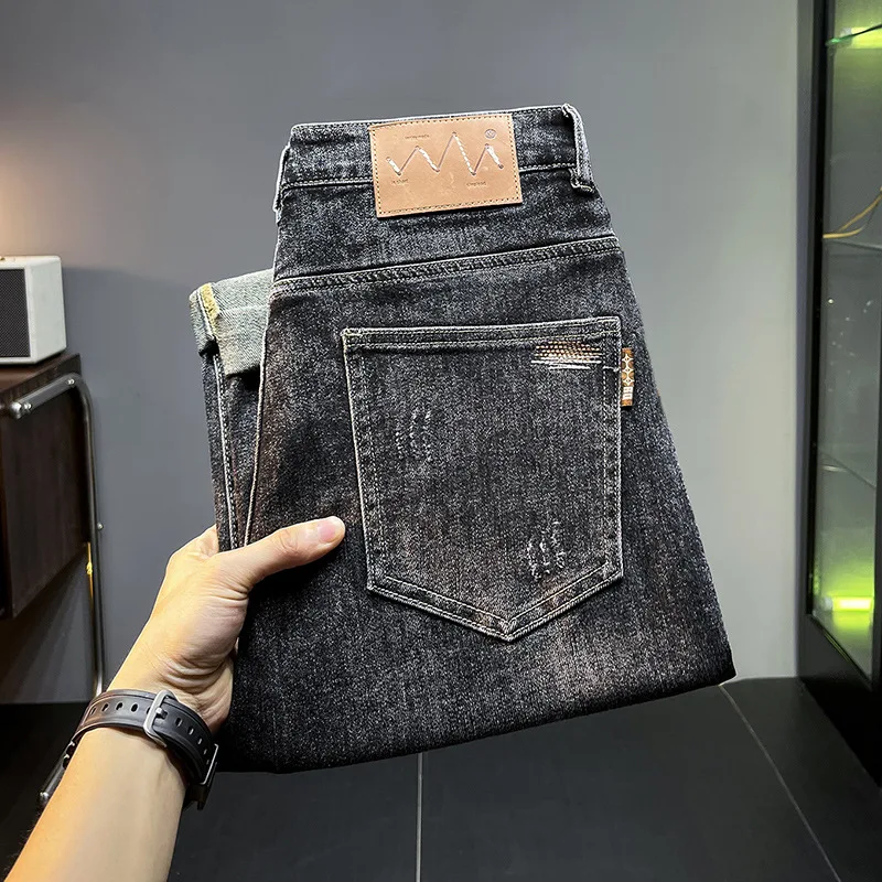 Autumn and winter black gray jeans men 2024 new fashion holes denim casual Stretch Slim Fit Ankle tight trousers