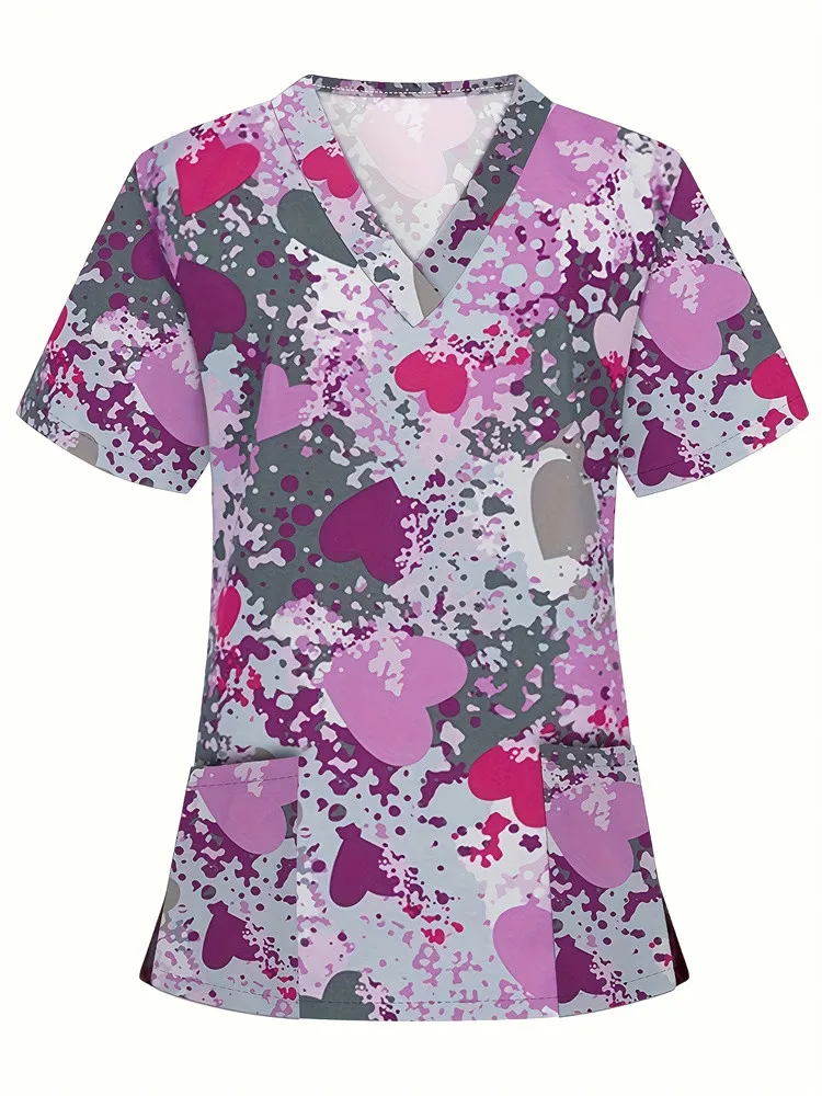 Obturateur ER-Uniforme de Travail pour Femme, Imprimé Animal, Dessin Animé, Fleur, Manches Courtes, Col en V, Blouse d'Infirmière, Vêtements Médicaux