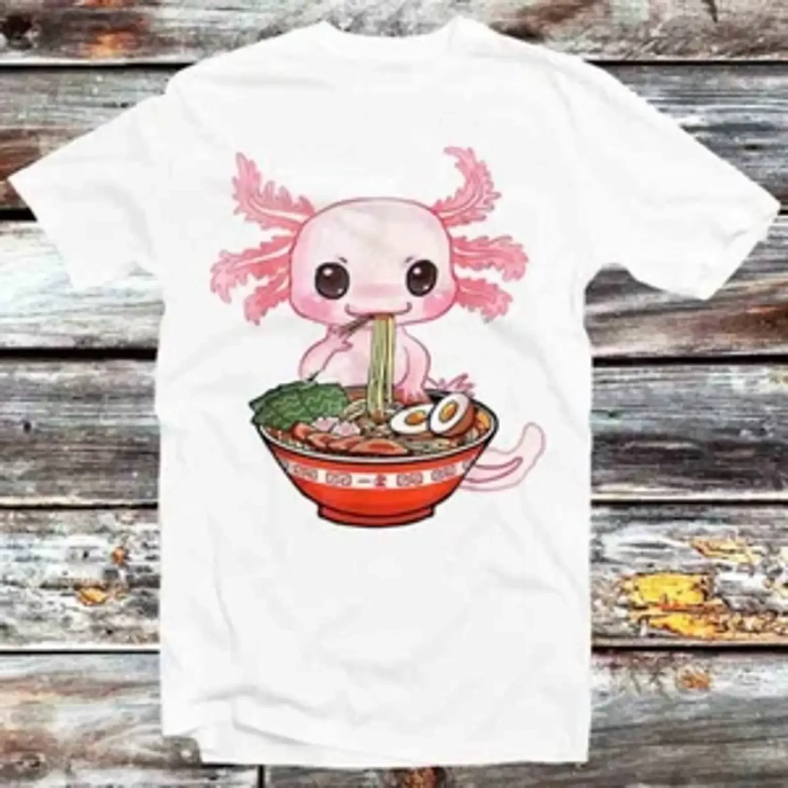 Kawaii Axolotl Ramen Noodles Japanese Anime T Shirt B1160 vintage Washed homme Top For Everyday Wear Casual Stylish Versatile