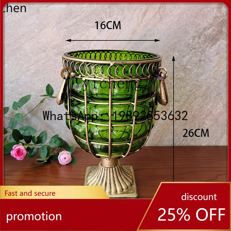 

YFY Iron Art Blown Glass Vase Living Room Transparent Blue Ornament Flower Arrangement