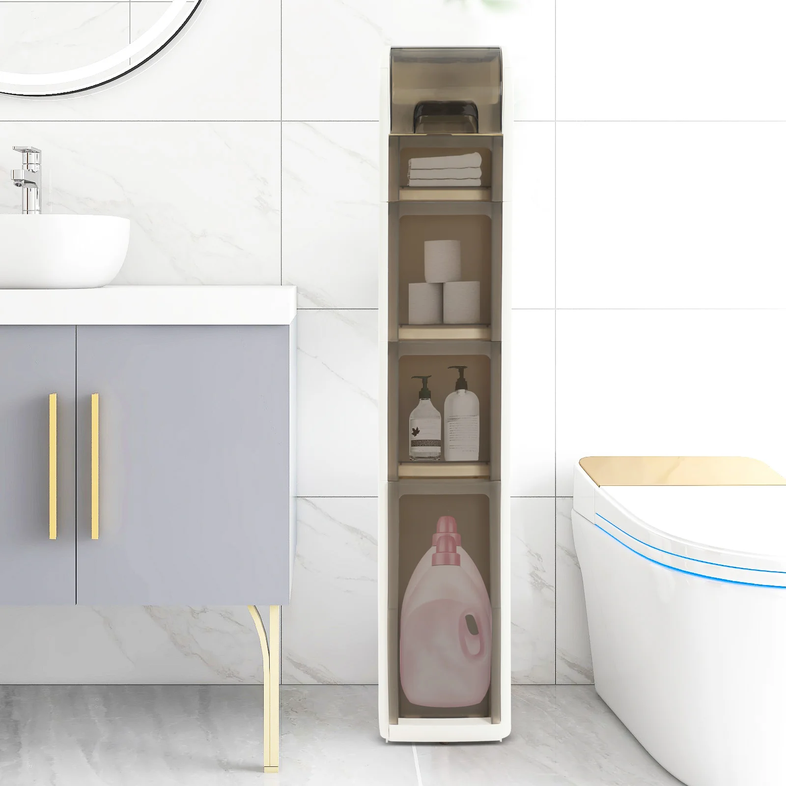 

Movable PP Bathroom Floor Cabinet,White 4 Drawers Slim Bathroom Storage Cabinet 18x42x100cm for Storing Bathroom Essentials