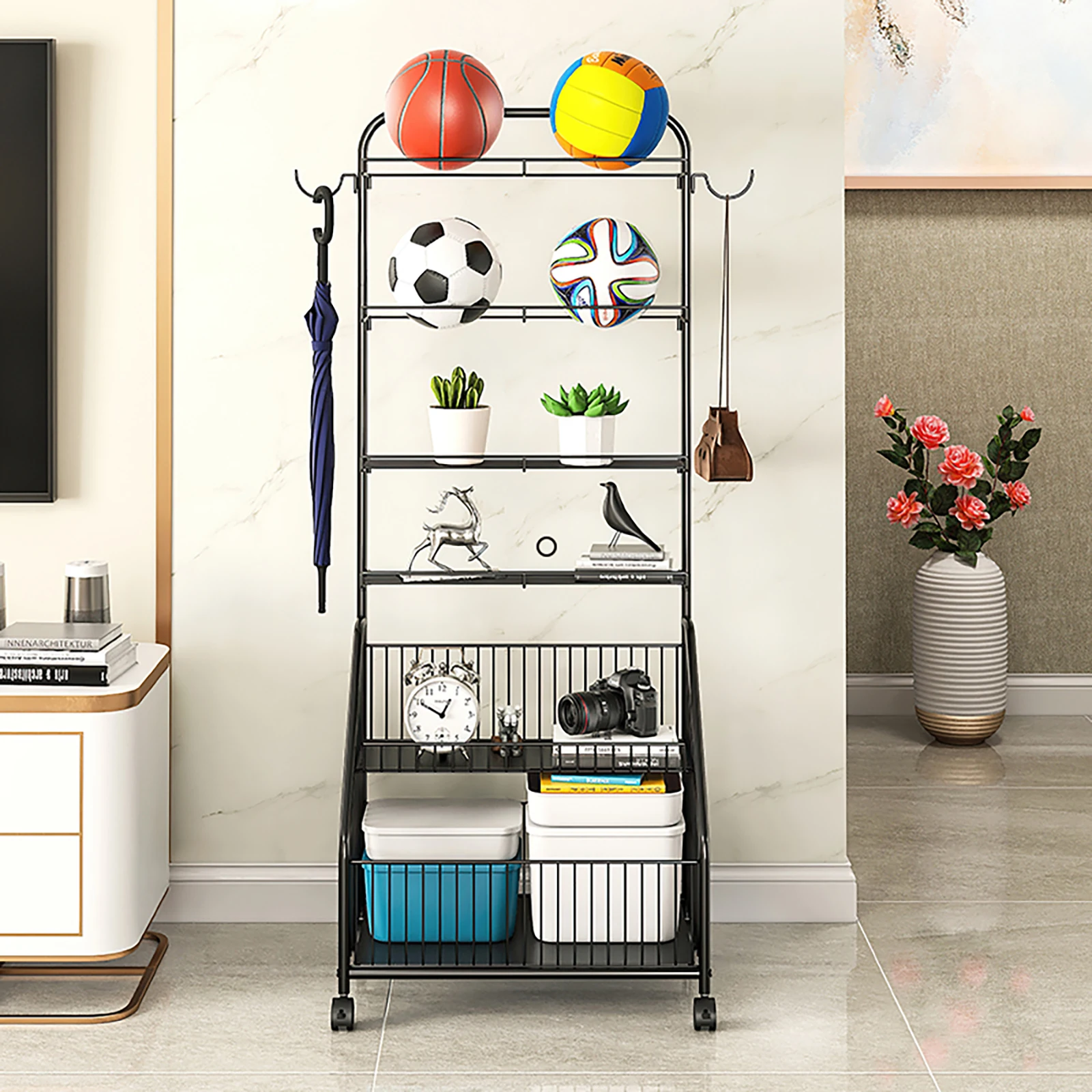 Sports Ball Storage Rack With 4 Wheels Movable 6 Tier Shelf Equipment Organizer For Basketballs Baseballs