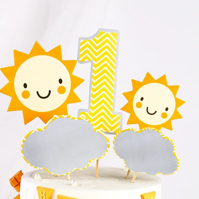 Sun Cake Topper 1 Year Clouds Happy Birthday Party 1st Decor Number One Boy Girl Baby Shower First Trip Cake Decoration Supplies