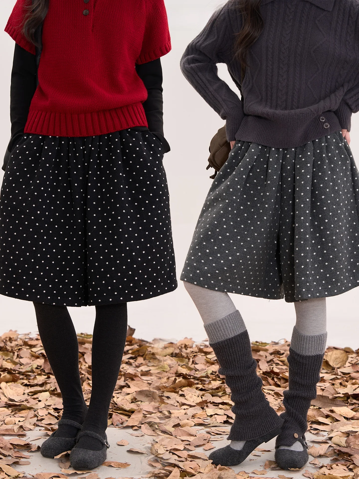 

Heme Floral Field Window Snow Night Polka Dot Woolen Casual Pants Women Winter Age Reduction Wide Leg Five-Point Trousers