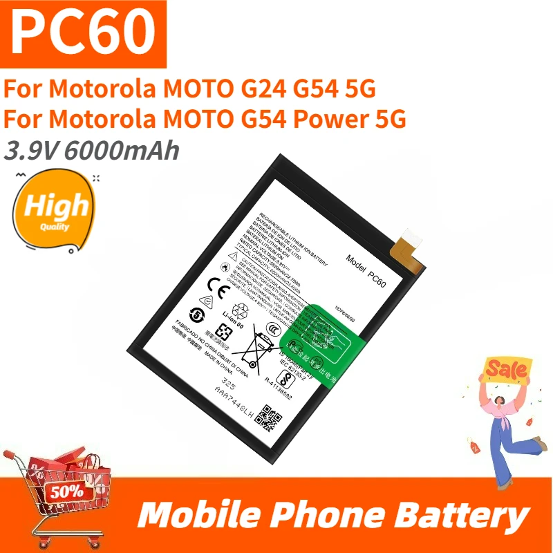 

High Quality PC60 Mobile Phone Battery 3.9V 6000mAh For Motorola MOTO G24 G54 5G /G54 Power 5G Brand New Replacement Battery