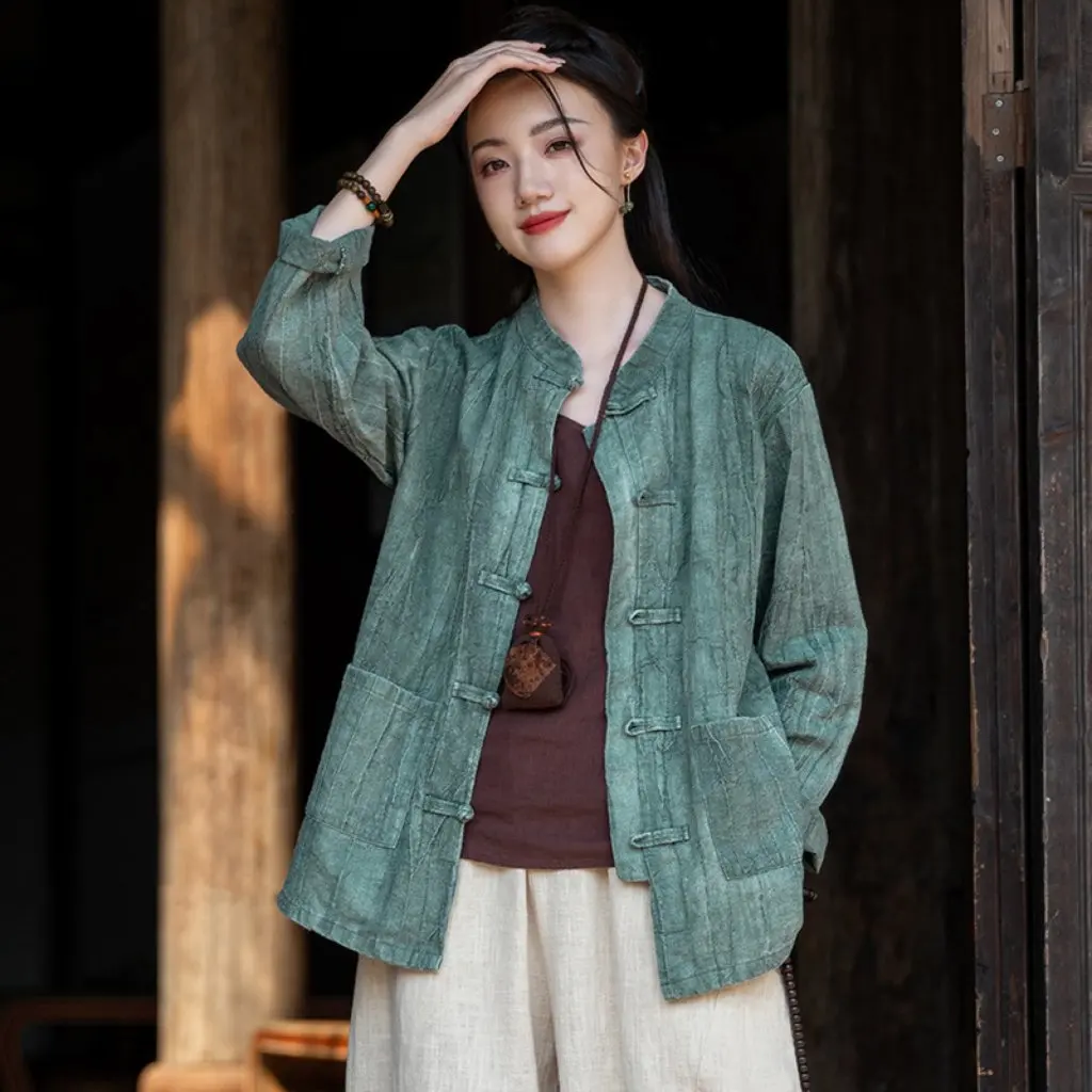 

Women's Chinese Retro Ramie Cardigan Spring Summer Tie-Dye Sand Wash Top with Old Buttons Zen Style Tea Clothing Jacket