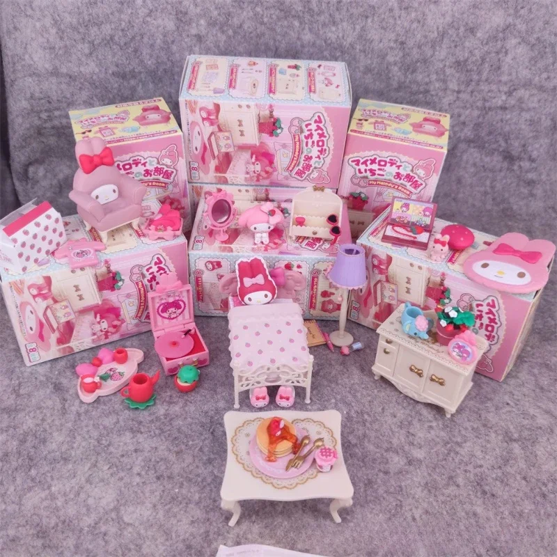 

Sanrio Mymelody Anime Figures Strawberry Room Miniature Scene Blind Box Toy Candy Model Desktop Ornaments Kids Gifts