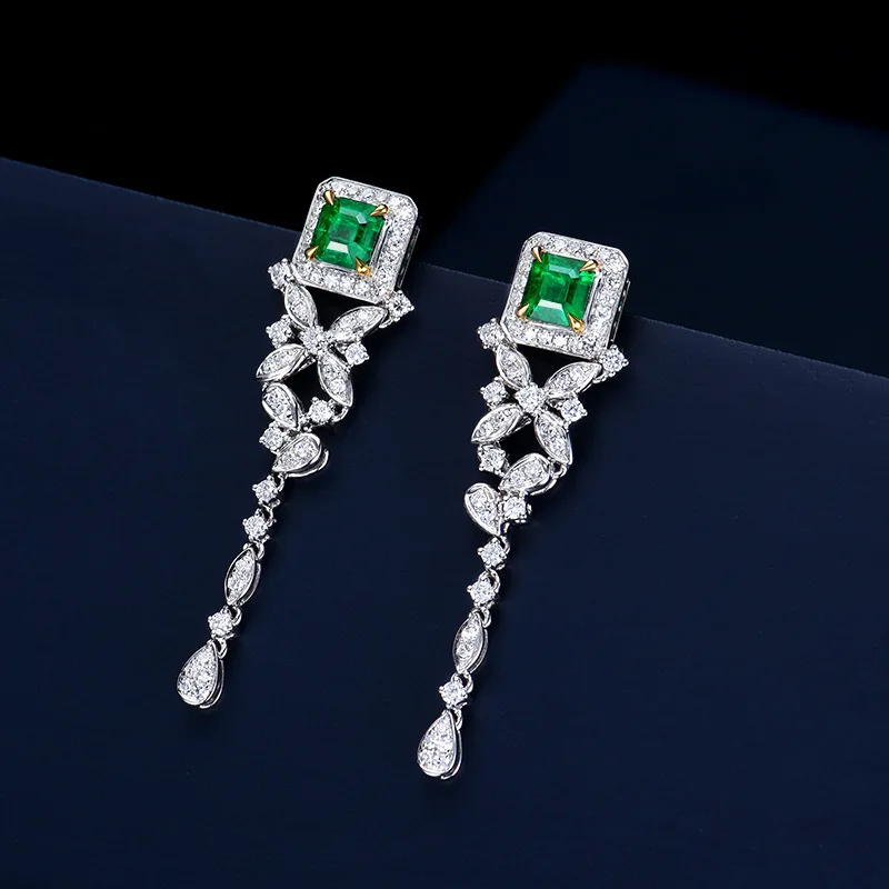 European American Luxury Fashion Green Princess Square Zircon Earrings Women\'s Retro Simulated Emerald Long Dangle Earring