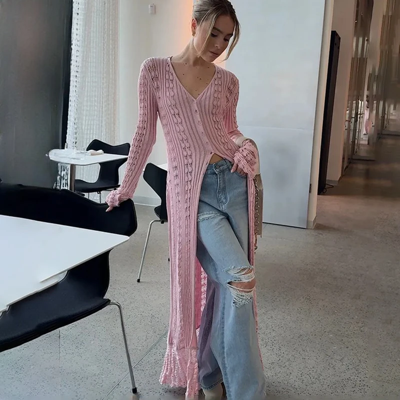 TARUXY Openwork Flared Sleeves Knit Coat Dress Women's Casual Solid V-Neck Loose Longline Knitted Cardigan Spring Vacation Dress