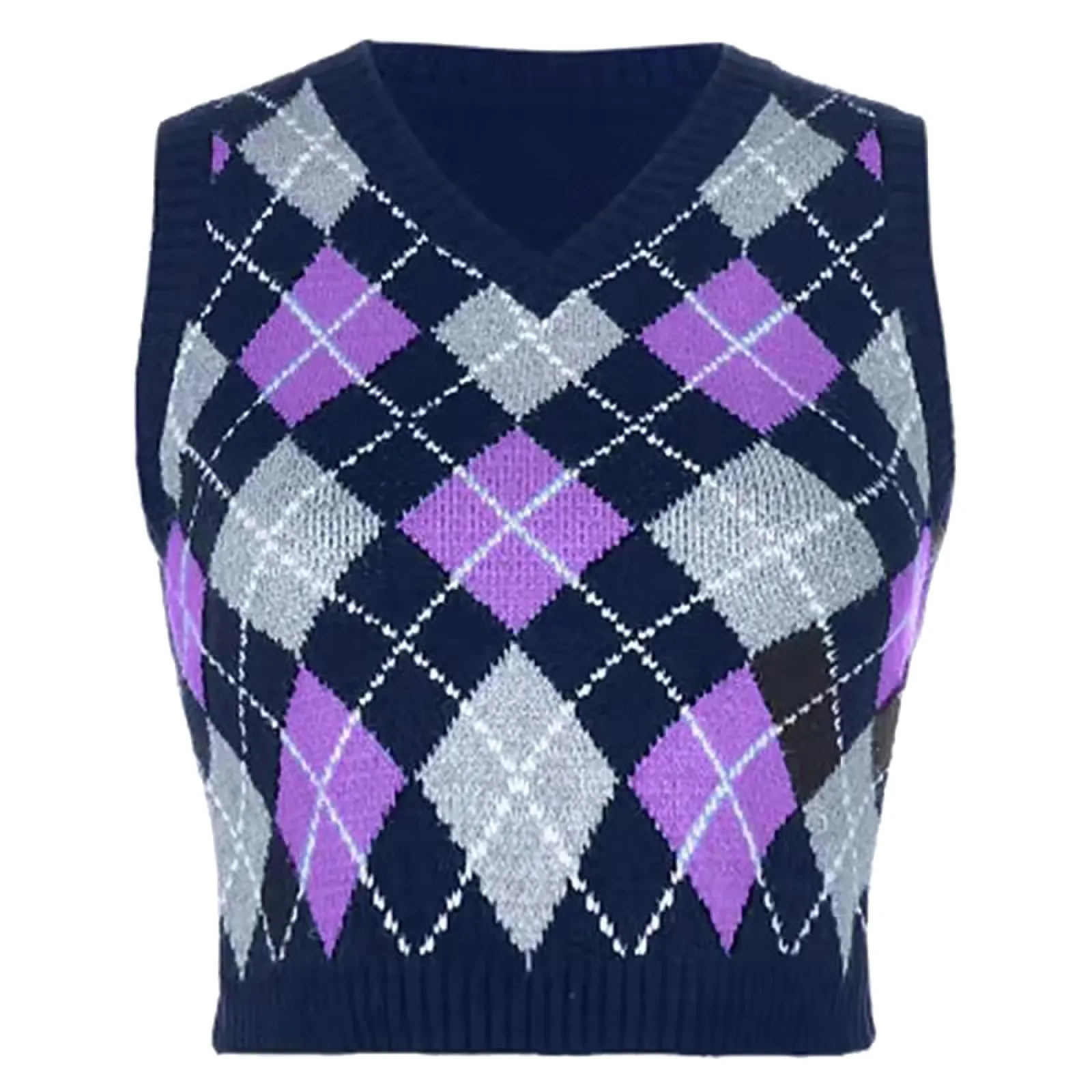 Korean Style V-neck Sweater Vest Vintage Geometric Argyle Short Waistcoat Tops Autumn Winter Women Sexy Knitted Pullover Vests