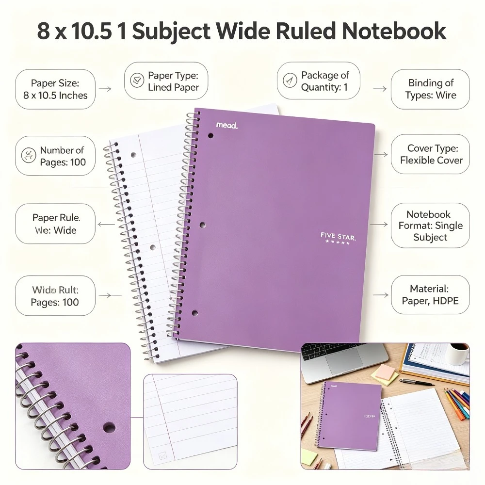 Amethyst Purple 1 Subject Wide Ruled Notebook 8"x10.5", 100 Pages Spiral Student Notebook