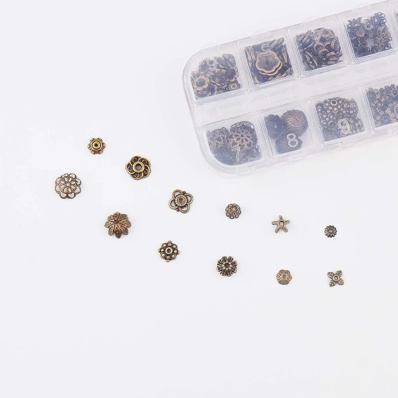 1 Box 240Pcs 12 Styles Spacer Beads Caps Bulk Vintage Style Antique Bronze Flower Bead Caps Alloy Metal Loose Spacer Fixed Mixed