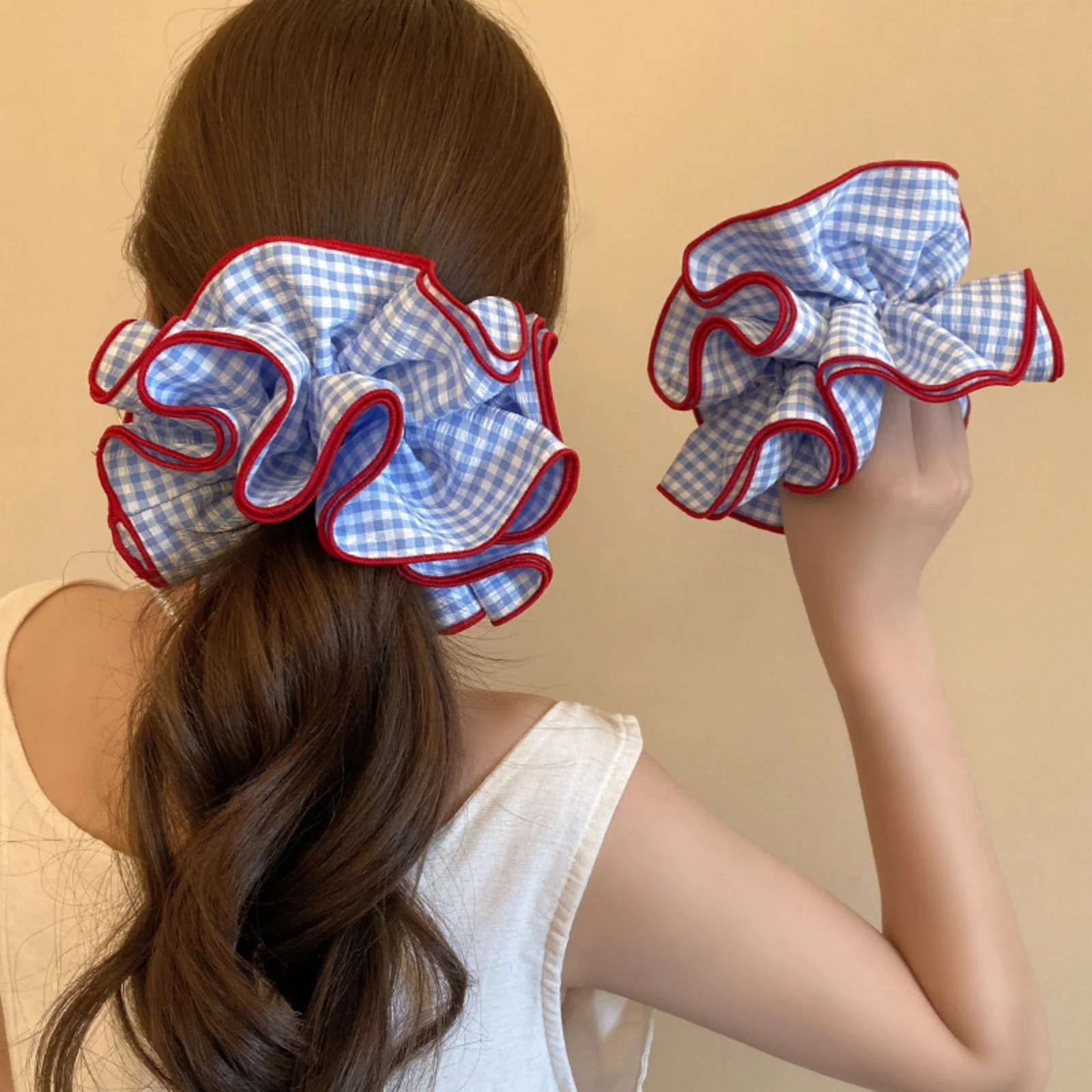 

1PC Blue Plaid Ruffled Scrunchies with Red Trim, Cute Hair Ties for Women, Fashionable Hair Accessories for Daily Wear