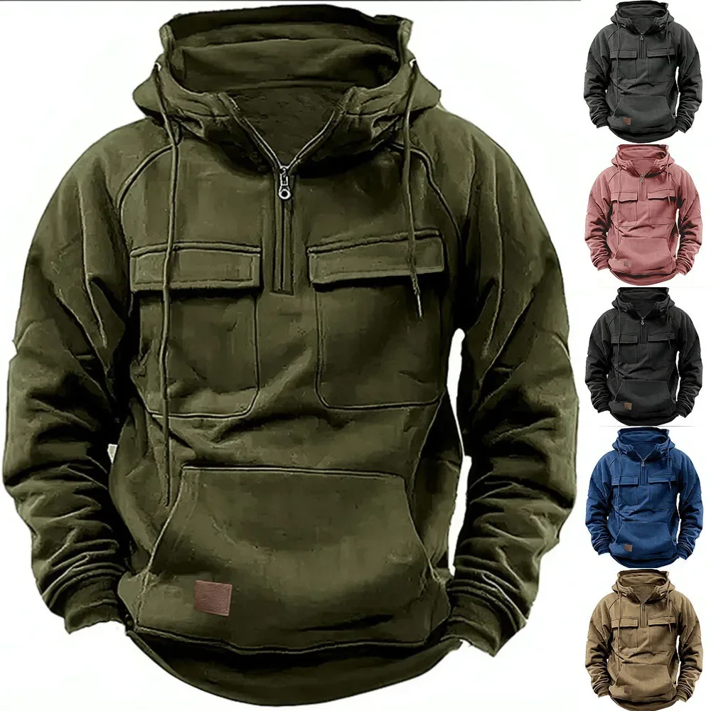 Half Zipper Men\'s Tactical Hoodies Solid Warm Fleece Military Sweatshirts Multi Pockets Male Hooded Jackets Thick Outdoor Polar