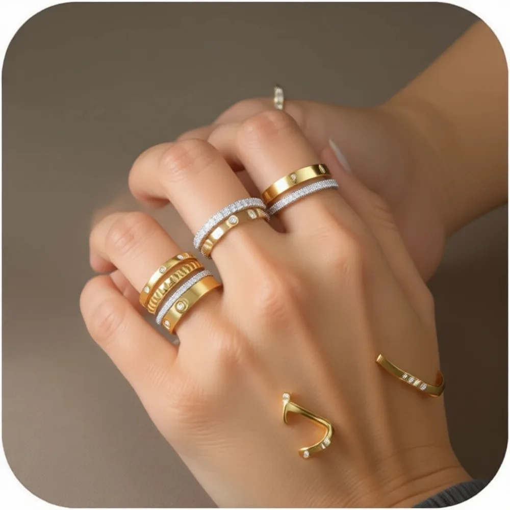 

Набор штабелируемых золотых колец для женщин, 18-каратное покрытие, нержавеющая сталь, не тускнеет, с кубическим цирконием, подарочные кольца дружбы