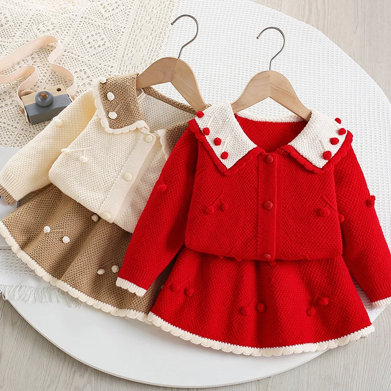 

2026 New Spring Children Knitted Clothes Suit Long Sleeved Knitted Cardigan+Short Skirt 2-6Yrs Baby Girls Clothing Set