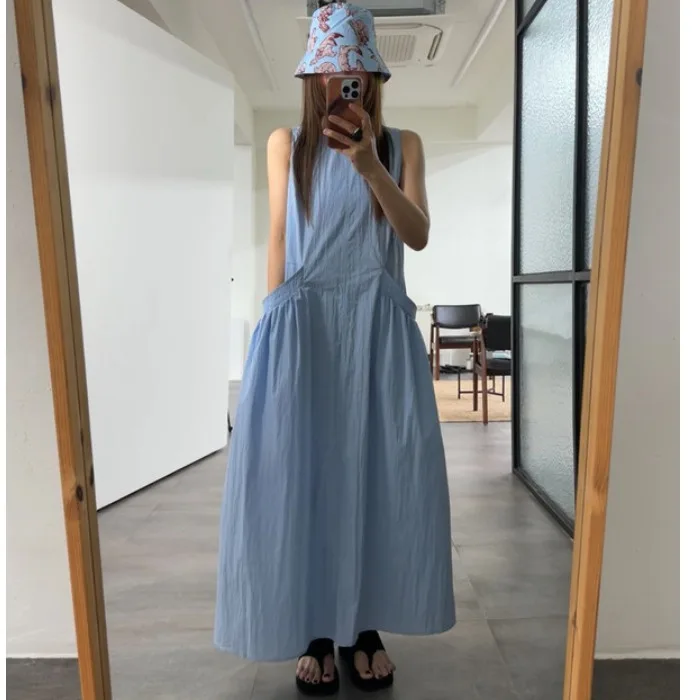 

Шикарное платье-жилет в корейском стиле без рукавов с круглым вырезом, женское повседневное универсальное длинное платье с большими карманами, новинка весна-лето