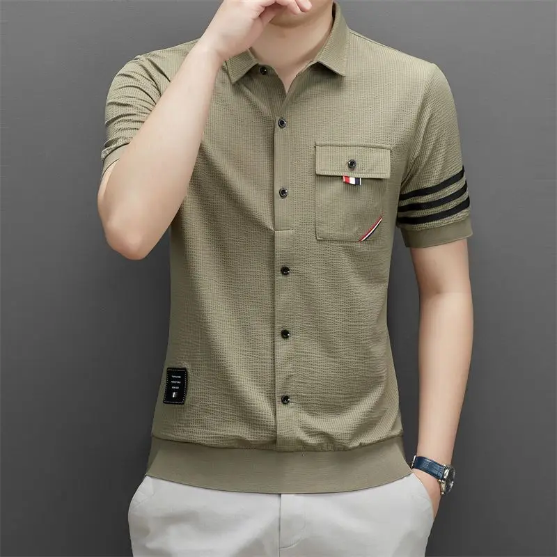 Summer Fashion Men Slim Striped Short Sleeve T-Shirt Lapel Button Cardigan Pockets Male Clothes Streetwear Casual Versatile Tops