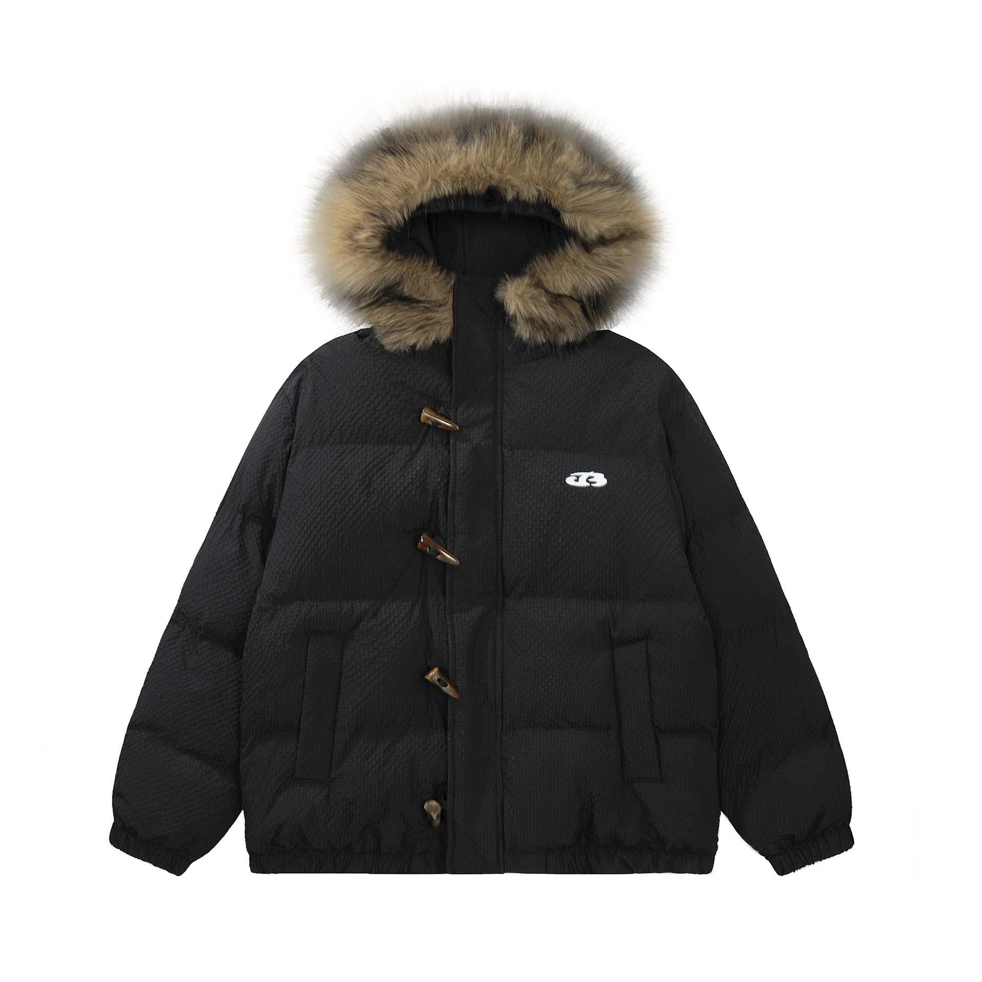 

Waffle Toggle Button Men's Puffer Jackets, Faux Fur Hooded Women's Coat, Minimalist Winter Thermal Jacket