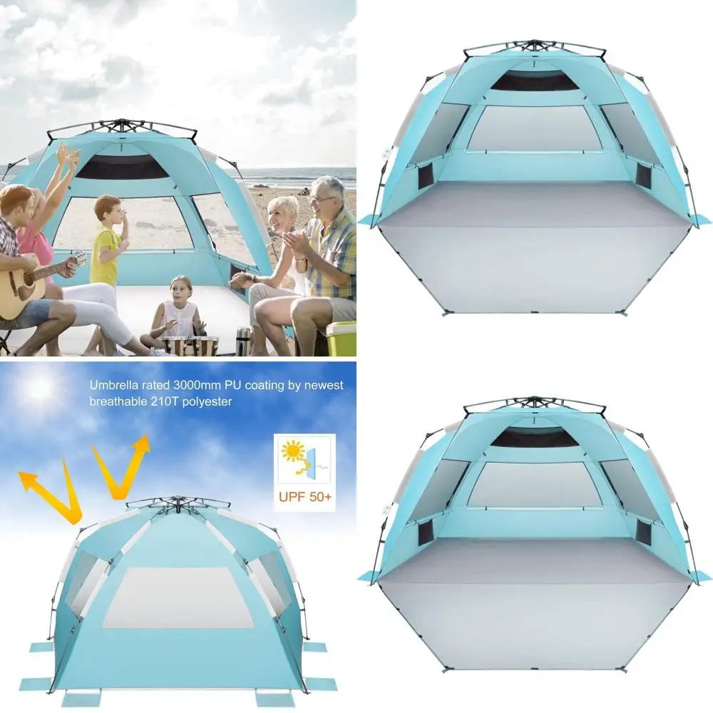 

Portable 5-6 Person Beach Tent with UV Protection, Carry Bag, Stakes, Sand Pockets, Ideal for Camping and Hiking, Sky Blue