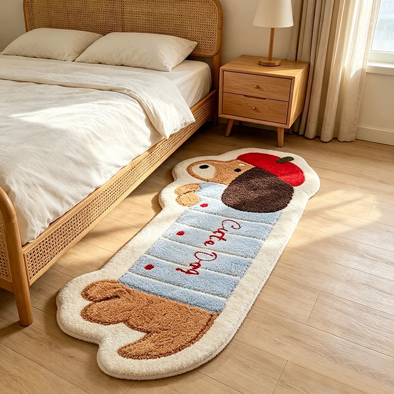 VIKAMA Cartoon Dachshund Shaped Plush Rug Non Slip Washable Animal Bedside Runner Mat Lovely Bedroom Floor Decor Carpet