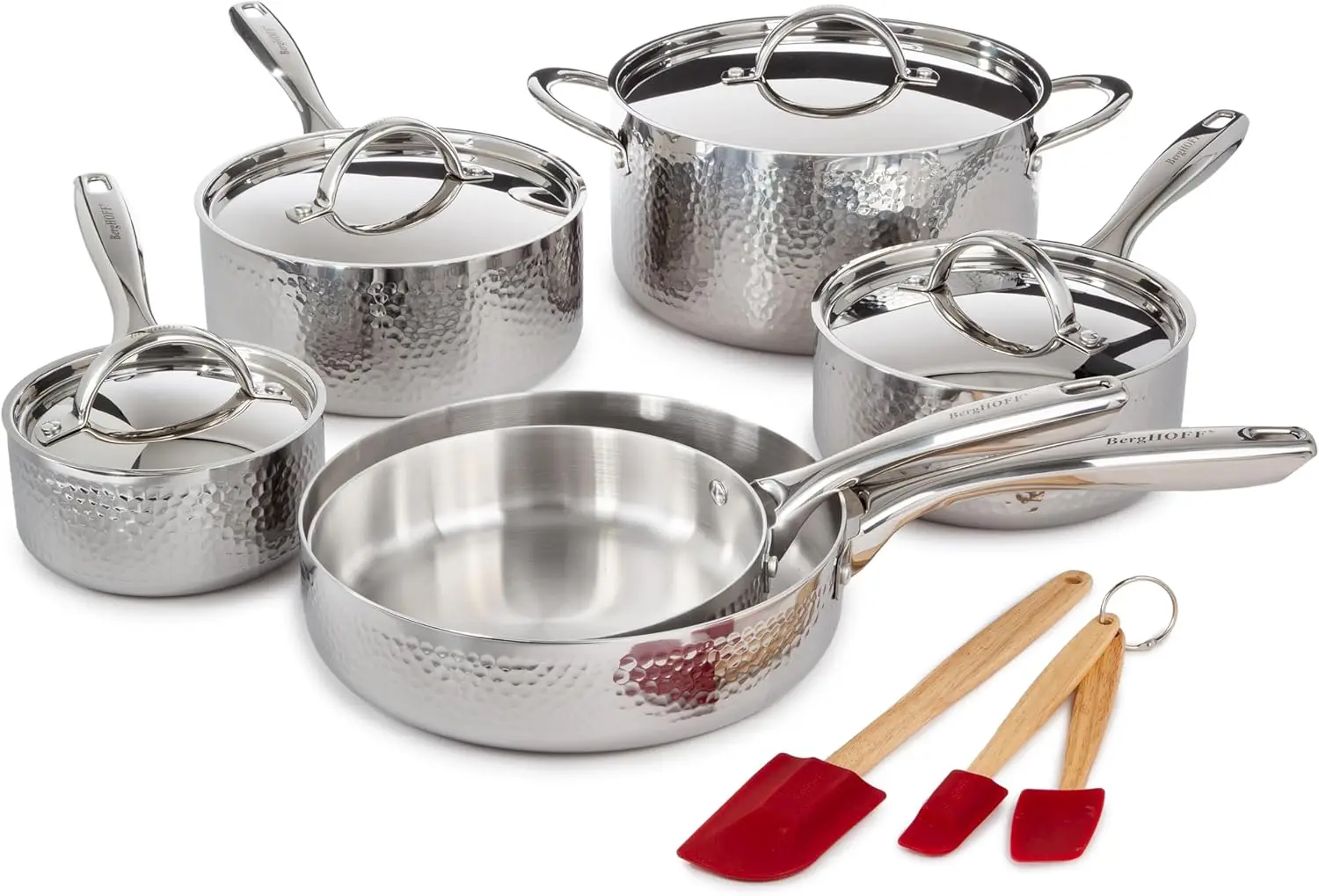 Berghoff Vintage 13Pc Tri-Ply 18/10 Stainless Steel Hammered Cookware Set With Stainless Steel Lids, 10Pc Induction Pots And