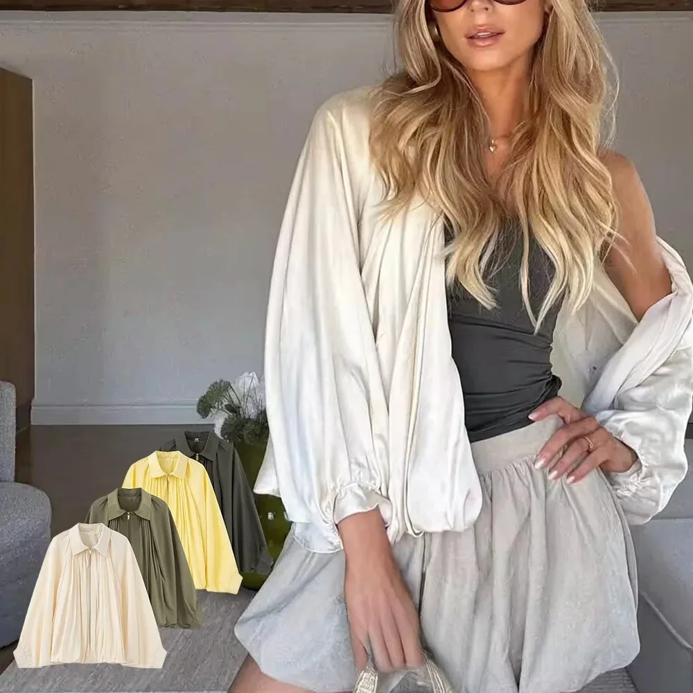 KONDALA High Street Satin Bomber Jackets Women Long Lantern Sleeve Zipper Oversized Jackets Fashion 2025 Autumn Casual Outwears