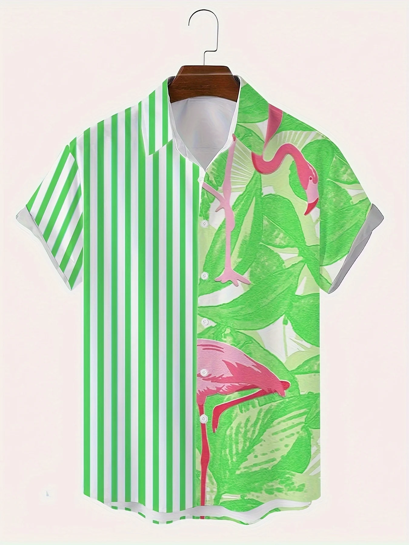 Mode Flamingo Streeppatroon Shirt Hoge Stretch Korte Mouw Heren Hawaiian Shirt Zomer Vakantie Casual Street Shirt