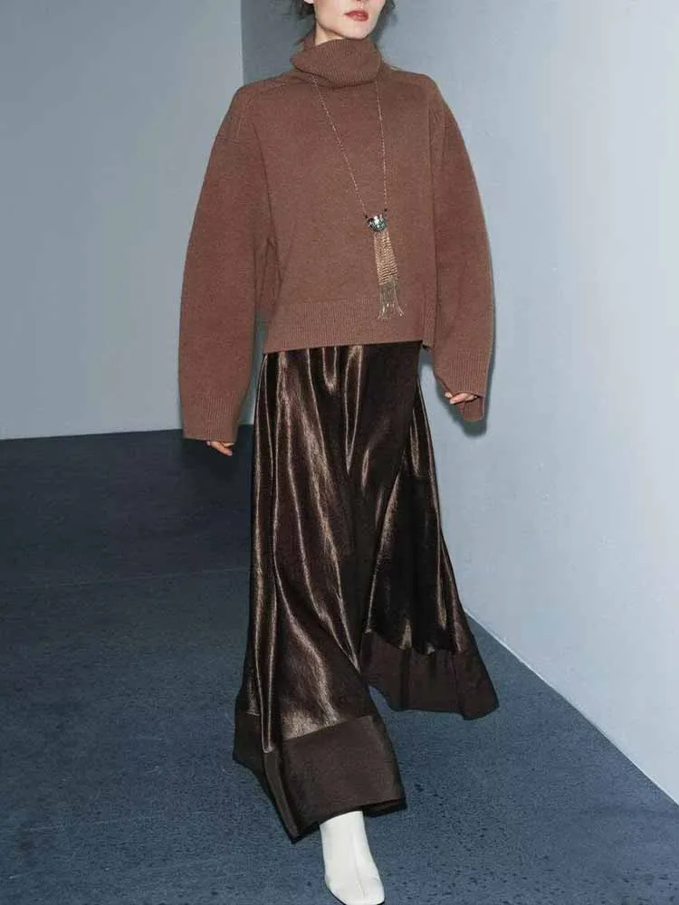 European and American style winter new fashion women's clothing casual temperament simple versatile silk satin midi skirt