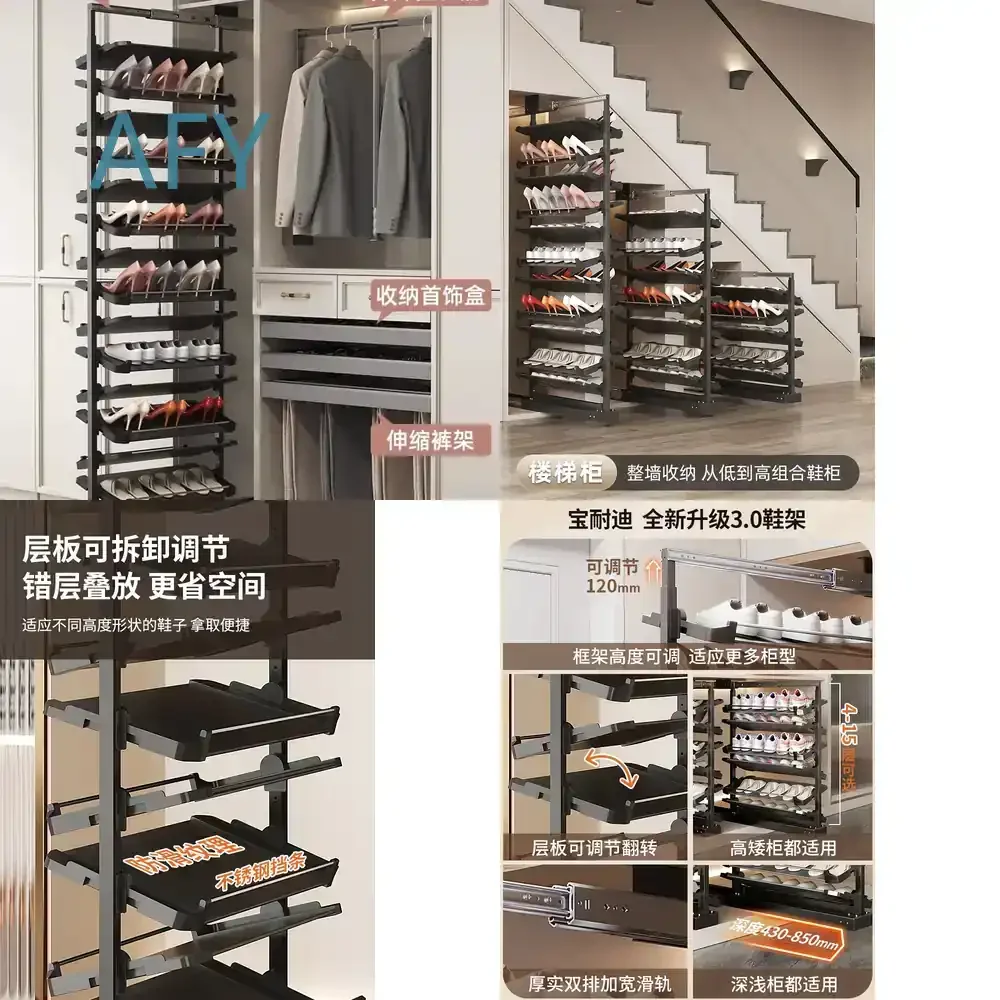Pull-Out Shoe Rack for Cloakroom Staircase Built-In Multi-Layer Storage Cabinet Tray Push-Pull Organizer Shoe Storage Rack