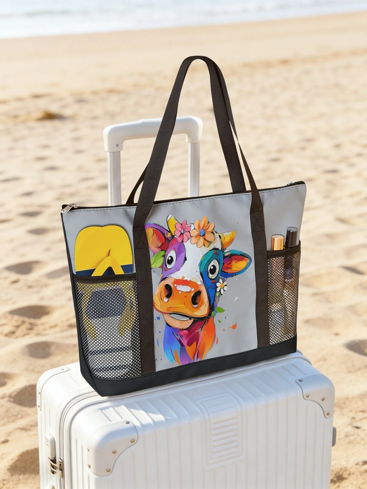 

Сумка с животным принтом, вместительная женская пляжная сумка, водонепроницаемая дорожная сумка через плечо с сетчатыми карманами.