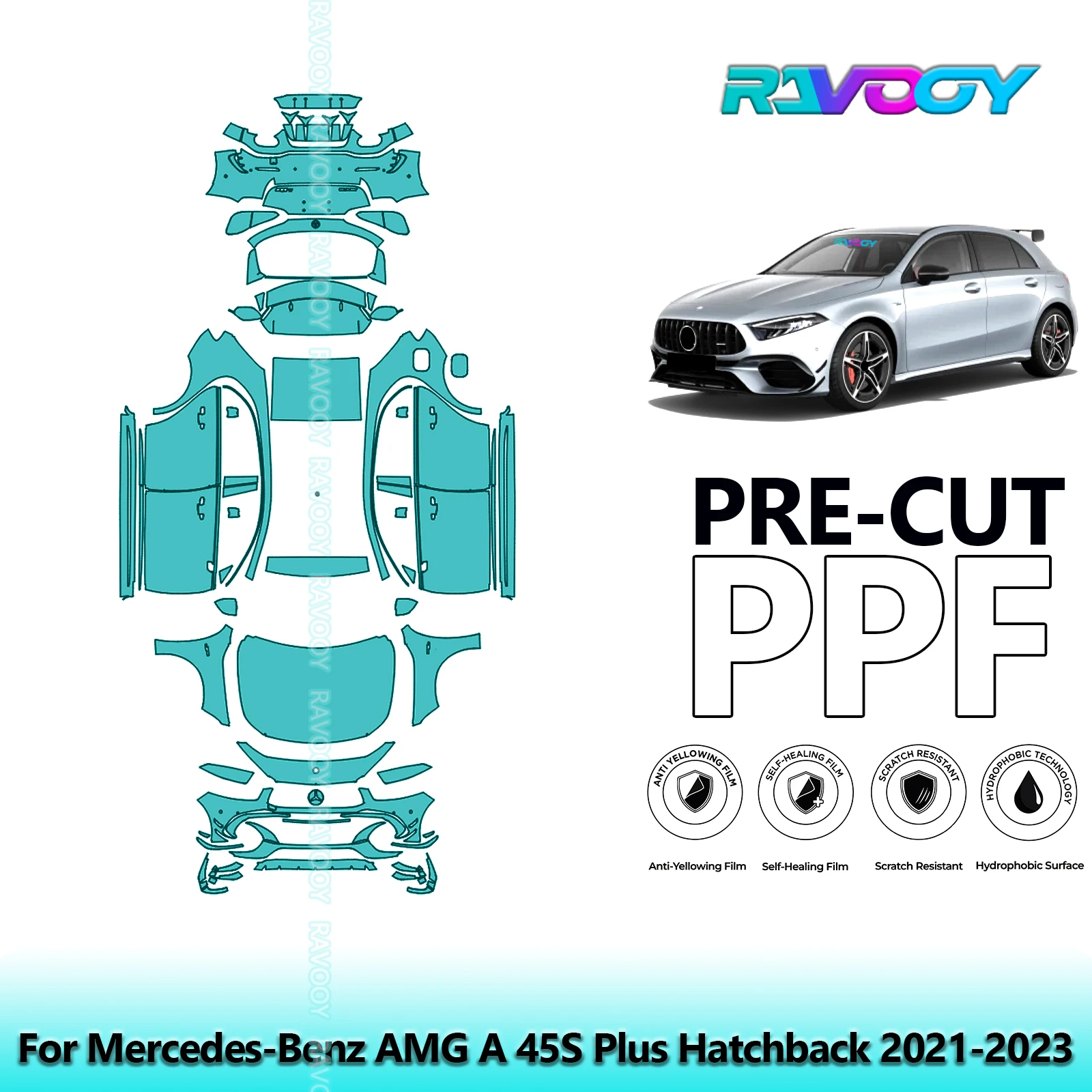 RAVOOY Custom-Fit Precut TPU PPF Full Vehicle Clear Bra Stone Guard EU UK For Mercedes-Benz AMG A 45S Plus Hatchback 2021-2023