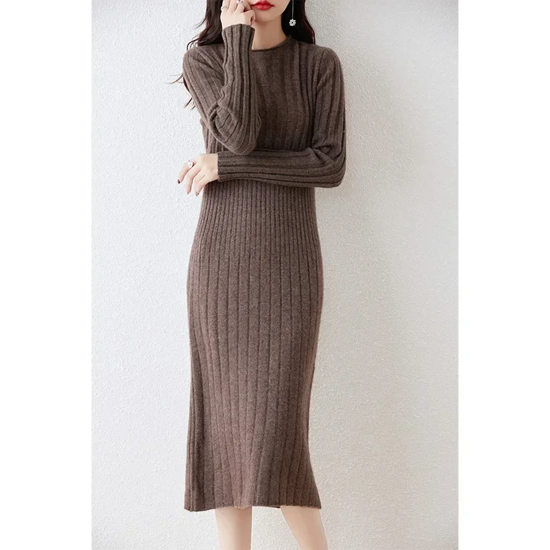 2023 Autumn Winter High Elasticity 100% Wool Thicken Sweater Dress Warm Basic Knitted Pullover Women Slim Dress Female Casual