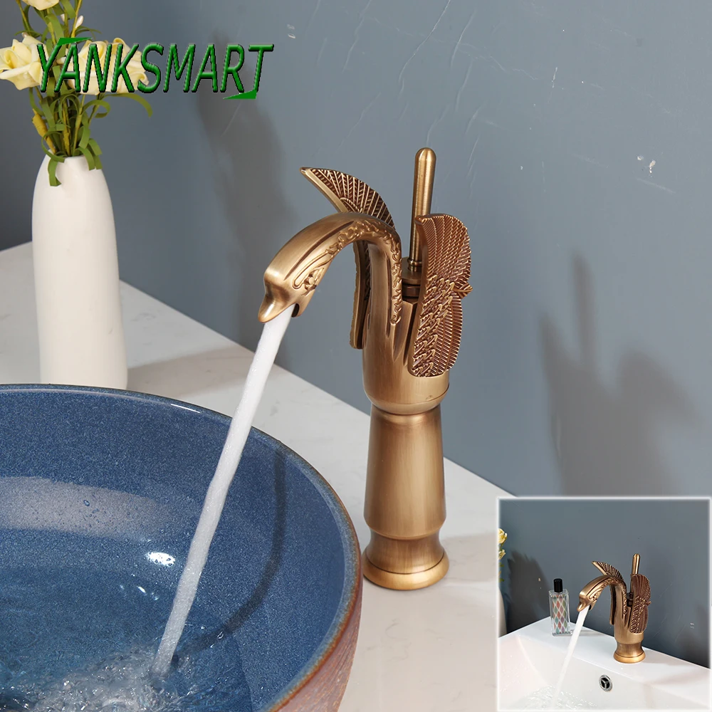 

YANSKMART Antique Brass Bathroom Basin Faucet Swan European Style Carving Vanity Sink Mixer Taps Deck Mounted Washbasin Faucets