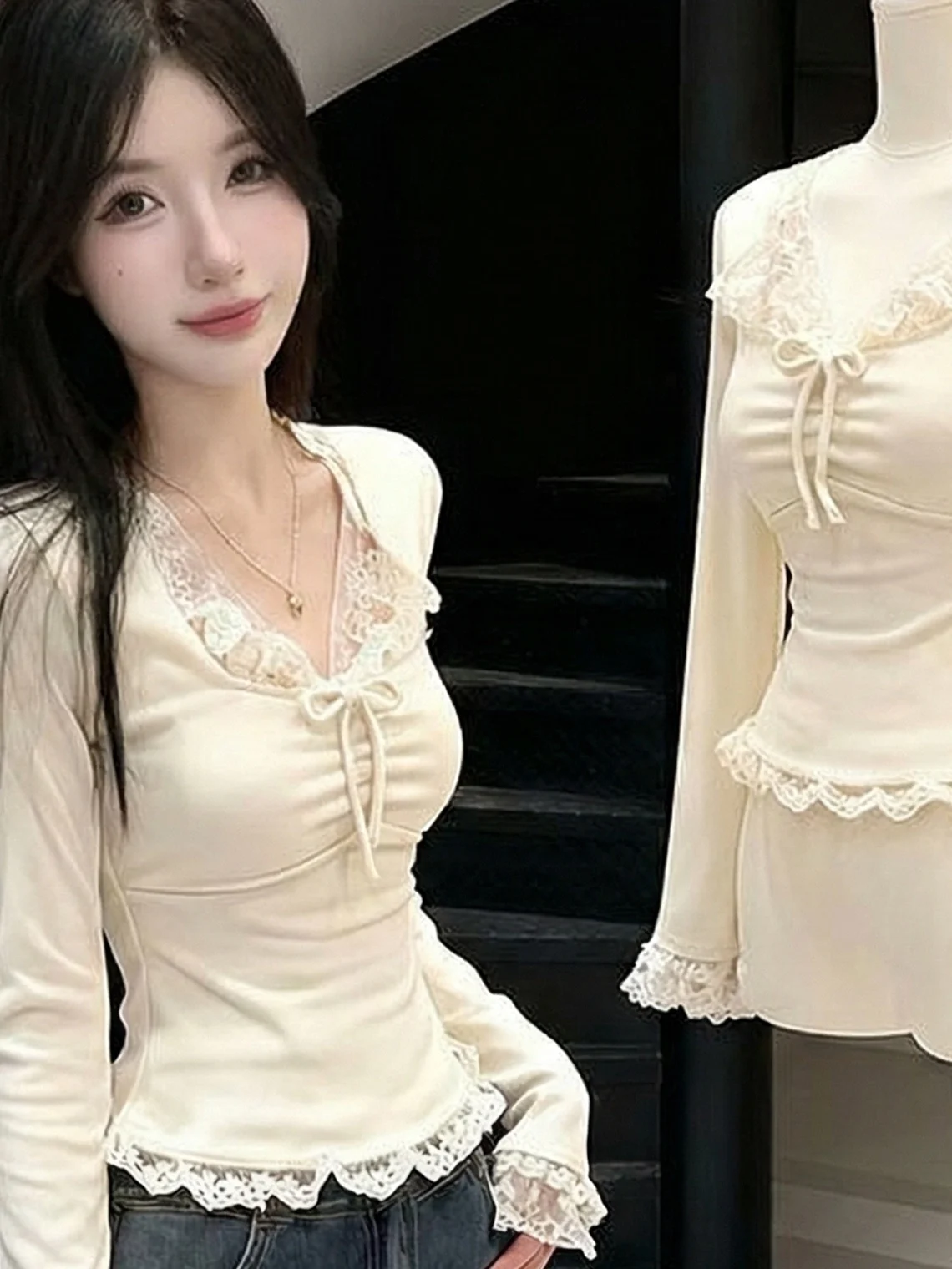 Camiseta con cuello en V y ribete de encaje, ropa interior ajustada y elegante para mujer, ideal para invierno, primavera y otoño, camiseta de algodón 100% con acabado flocado, manga larga.