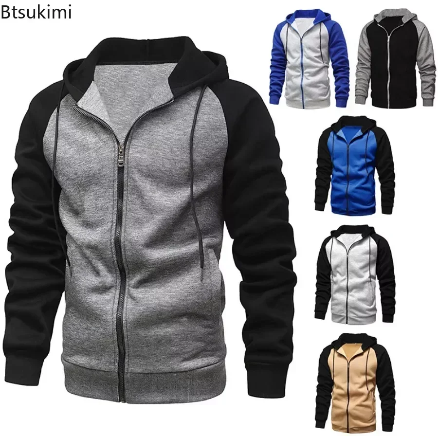 

New 2025 Men's Casual Jackets Hoodies Contrast Color Zipper Hooded Coats Man Warm Fleece Sweatshirts Tops Fashion Men's Clothing