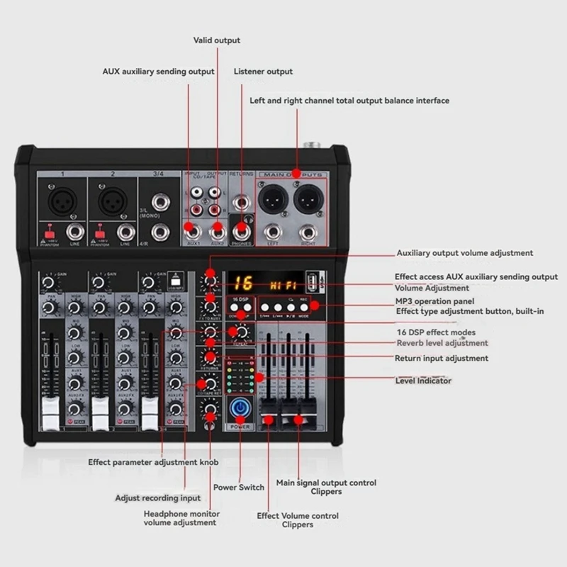 SCLS 4 Channel Bluetooth Audio Mixer Sound Mixing Console Audio Interface USB Sound Card For Studio Stage DJ Home