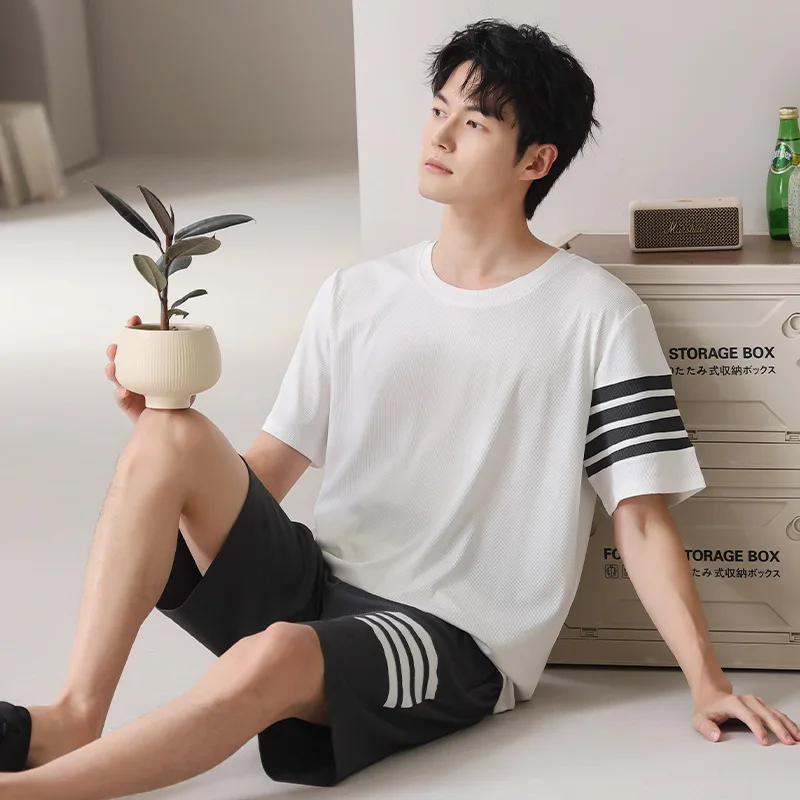 Ice Silk Cool Nightwear for Men Short Sleeves Shorts Homewear Summer Pajamas Set Male Youth Boy Sleepwear Big Size L-3XL Pyjamas