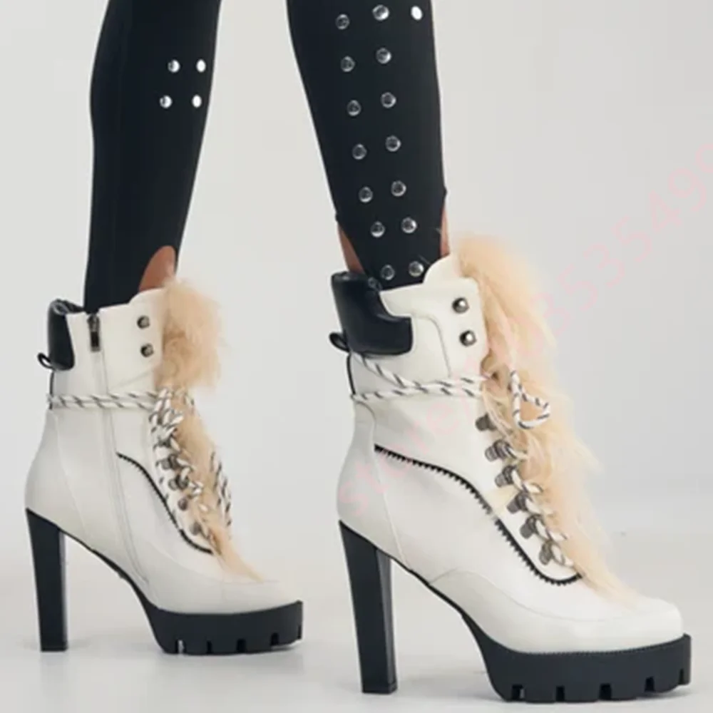 Women White High Heel Ankle Boots Furry Decor Platform Lace-Up Side Zipper Combat Boots 2026 Winter New Fashion Party Dress Shoe