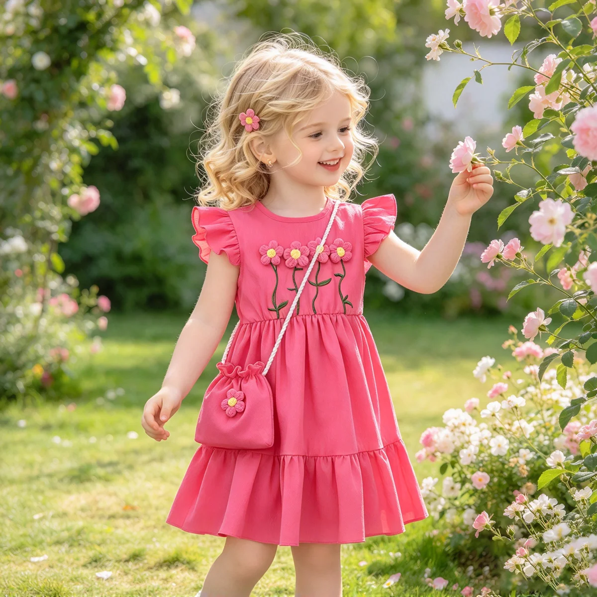 Girl Child Dress Embroidered Small Flower Flying Sleeve Dress+Small Bag 2Pcs Suitable 1-6 Years Girl Child Summer Fashion Dress