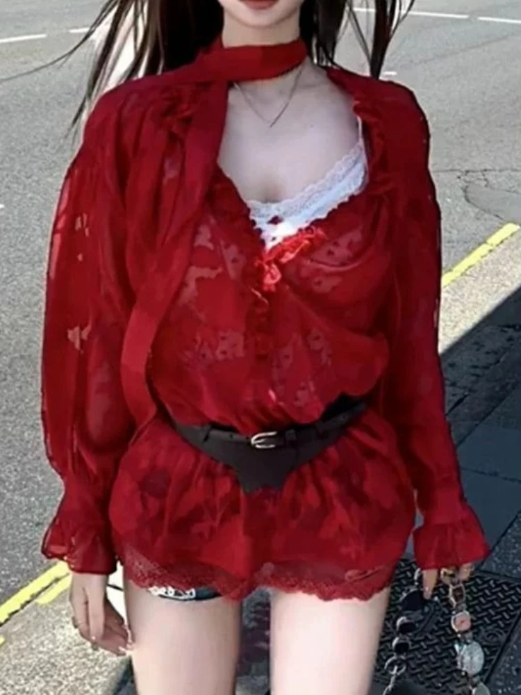 Élégant Vintage haut pour femme dentelle à manches longues Blouse ample plage fête mince t-shirts décontracté bureau mode Chic 2025 printemps nouveau