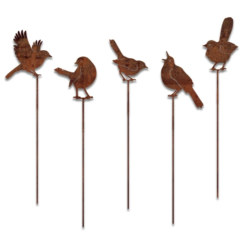 Vogel-Gartenstecker für Blumenkästen, 5er-Set, Topfstecker aus Metall mit abgenutzter Oberfläche und Vogelausschnitten für – Detail 1
