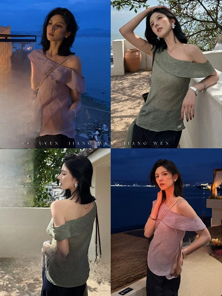 

Romantic Silk Linen Design Sense Knot oulder Top Women's Ele Loose Fit Outerwear Regular Length Spring Season