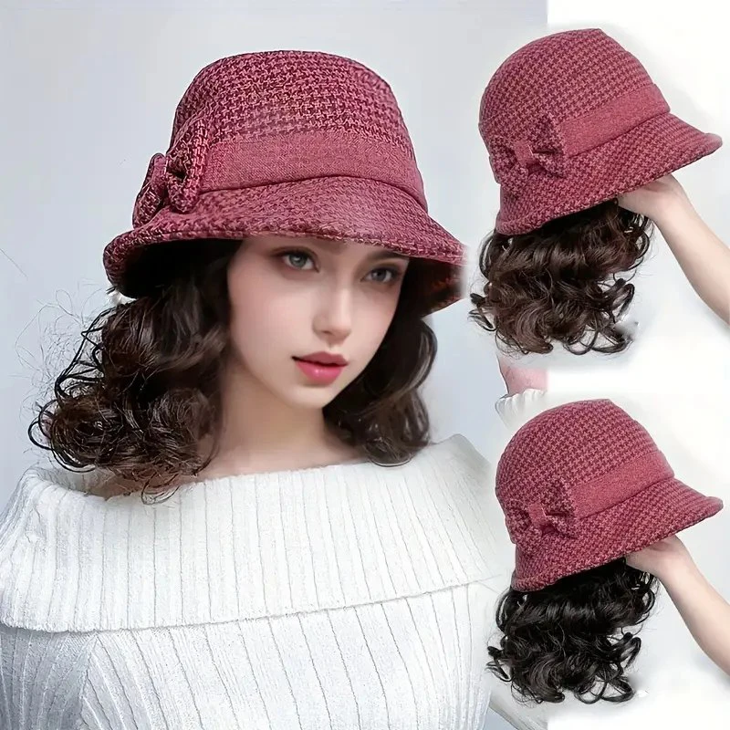 Autumn And Winter Fisherman Hat With Attached Shoulder Length Curly Hair Wig For Women Warm Fisherman Cap With Fashionable Wigs